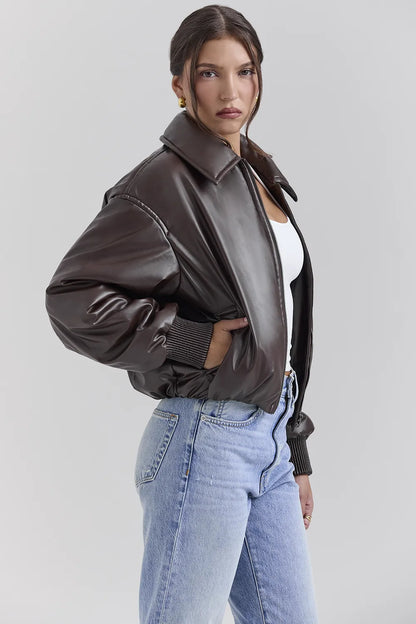 Sante Dark Brown Vegan Leather Bomber Jacket