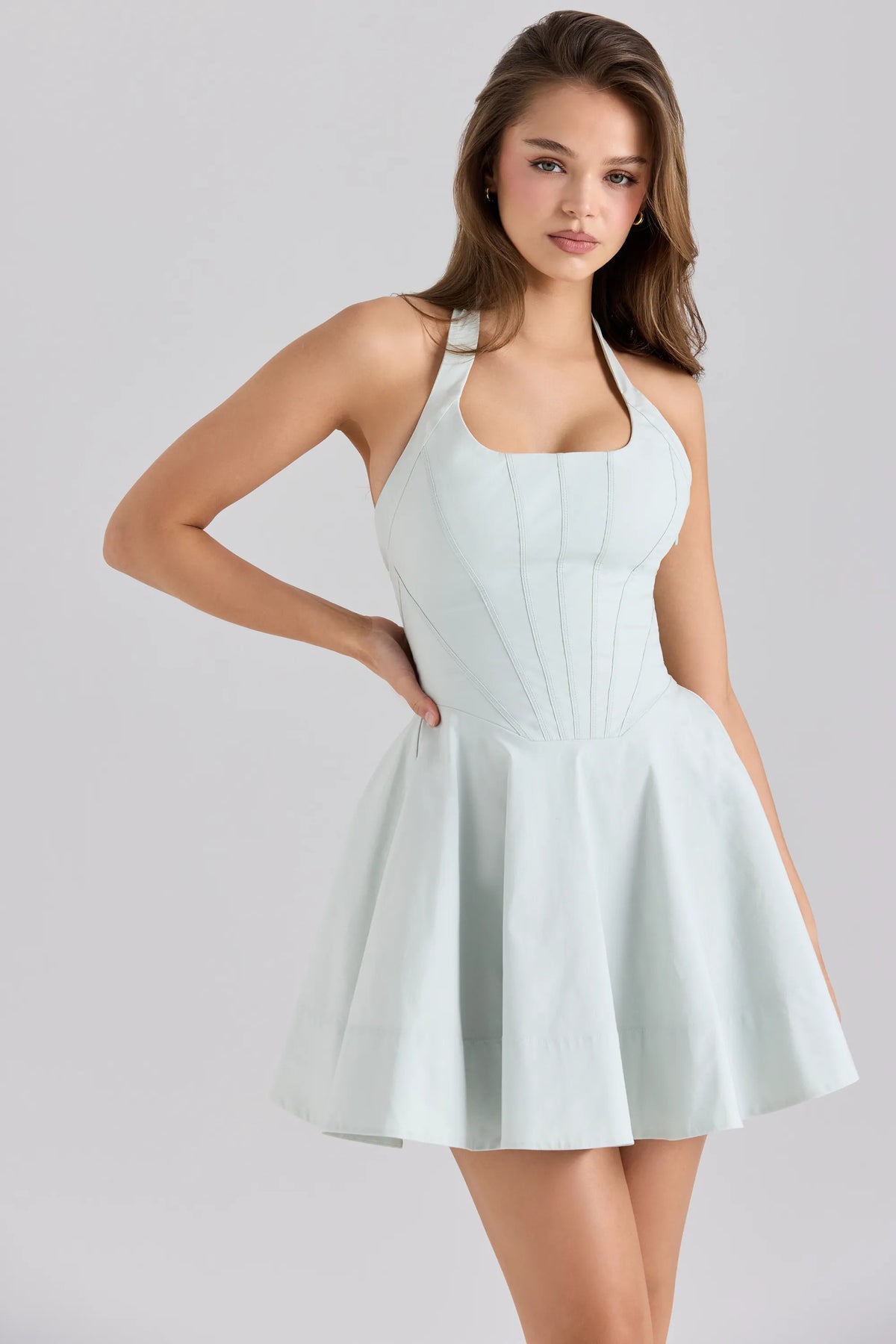 Sasha Pistachio Stretch Cotton Halter Neck Mini Dress