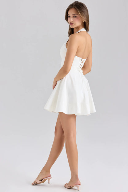 Sasha White Stretch Cotton Halter Neck Mini Dress