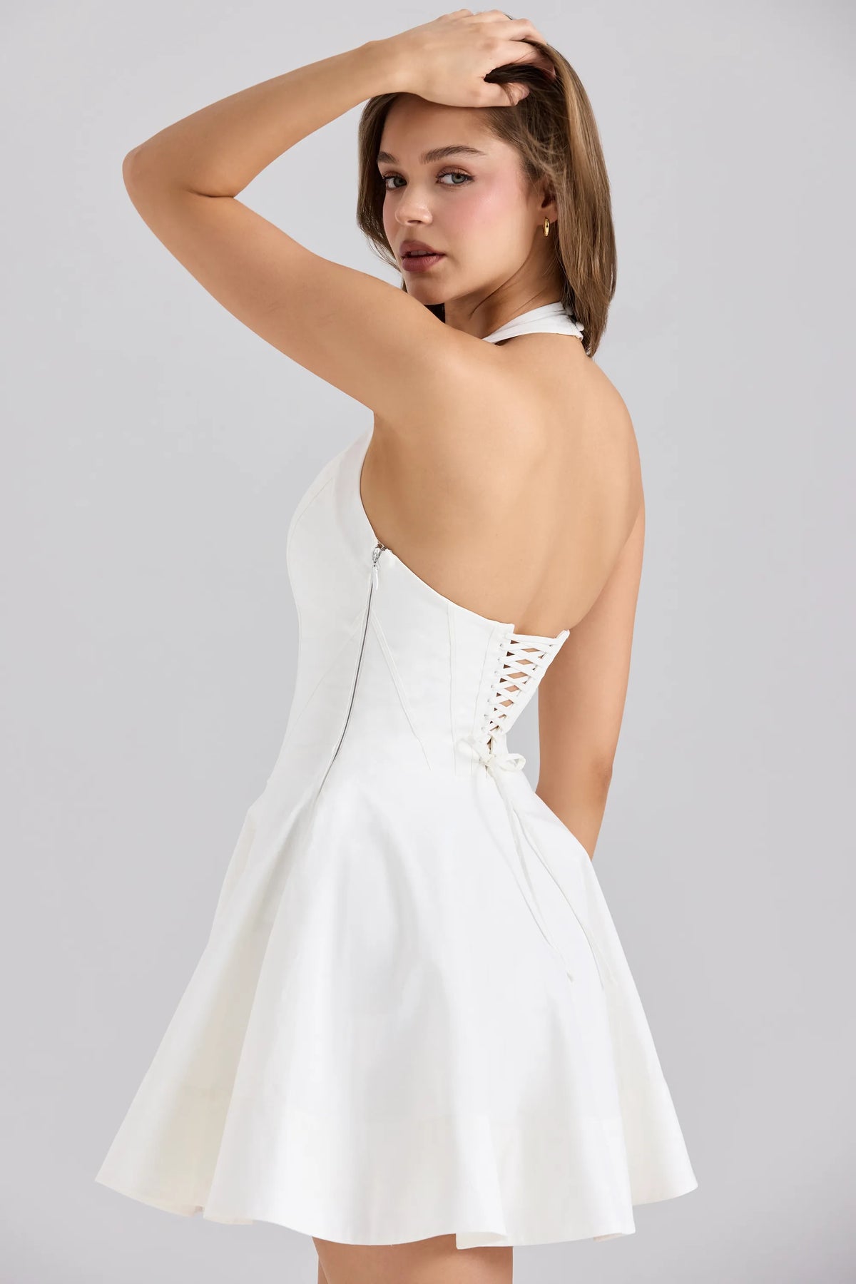 Sasha White Stretch Cotton Halter Neck Mini Dress