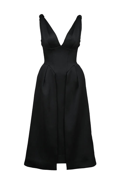 Paloma Black Satin Twist Strap Midi Dress