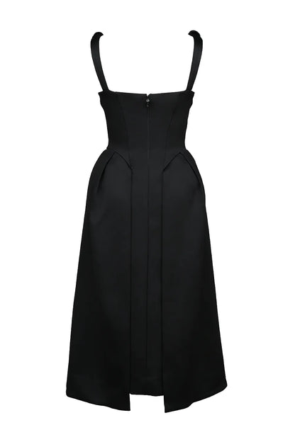 Paloma Black Satin Twist Strap Midi Dress