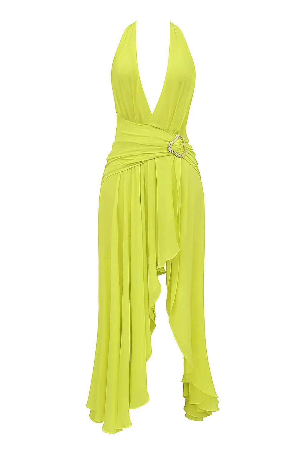 Olessia Acid Lime Backless Halter Maxi Dress