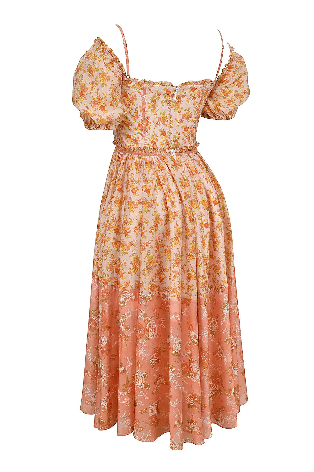 Penelope Peach Poppy Print Puff Sleeve Midi Sundress