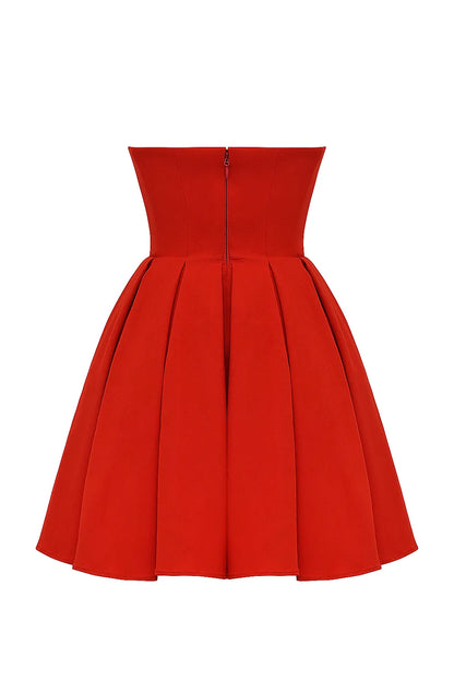 Emmanuela Italian Tomato Strapless Pleated Mini Dress