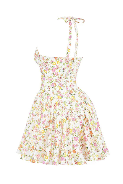 Valentia Ivory Meadow Print Cotton Halter Mini Dress