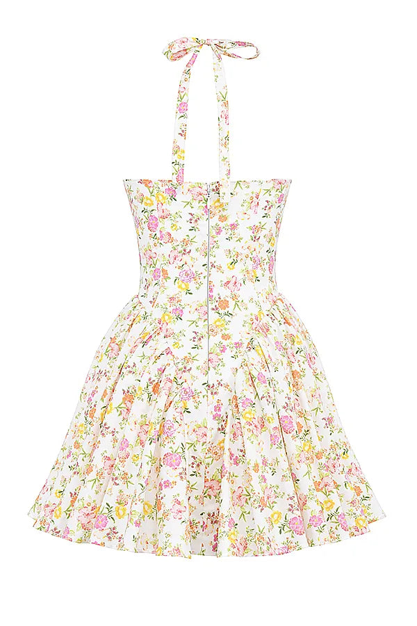 Valentia Ivory Meadow Print Cotton Halter Mini Dress