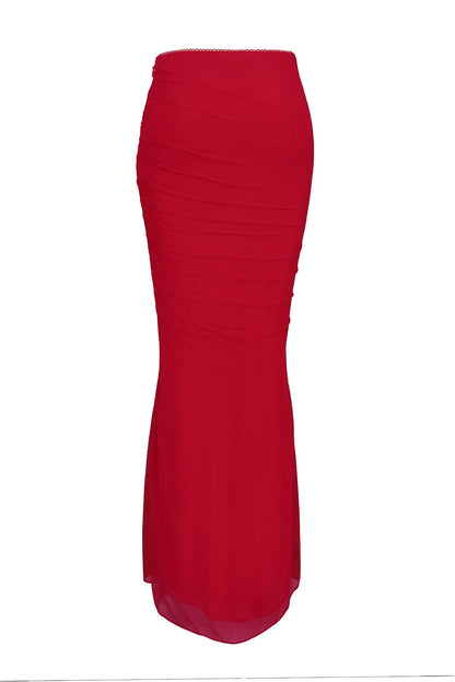 Cassidy Holly Red Mesh Maxi Skirt with Fluted Hem