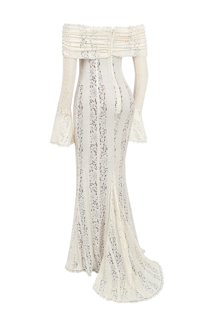 Belle Vintage Cream Floral Lace Off Shoulder Maxi Dress