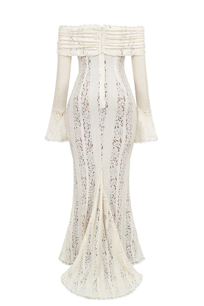Belle Vintage Cream Floral Lace Off Shoulder Maxi Dress
