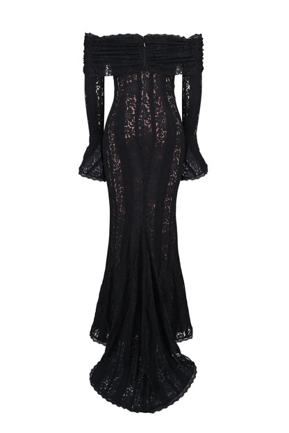 Belle Black Off Shoulder Floral Lace Maxi Dress