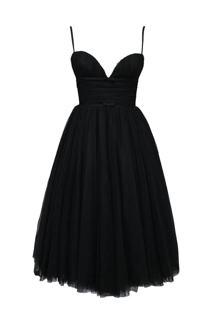 Countess Black Tulle Ruched Bodice Midi Dress