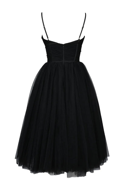 Countess Black Tulle Ruched Bodice Midi Dress