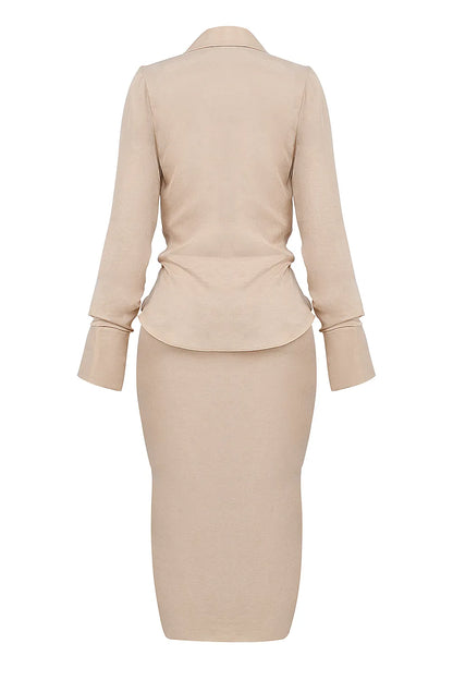Nevaeh Almond Plunge Shirt Midi Dress