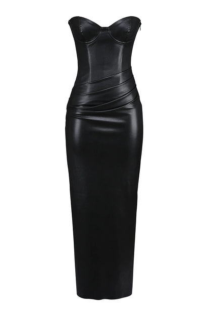 Juliana Black Strapless Vegan Leather Midi Dress