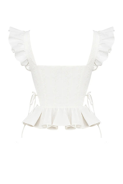 Lilibet White Embroidered Cotton Peplum Corset Top