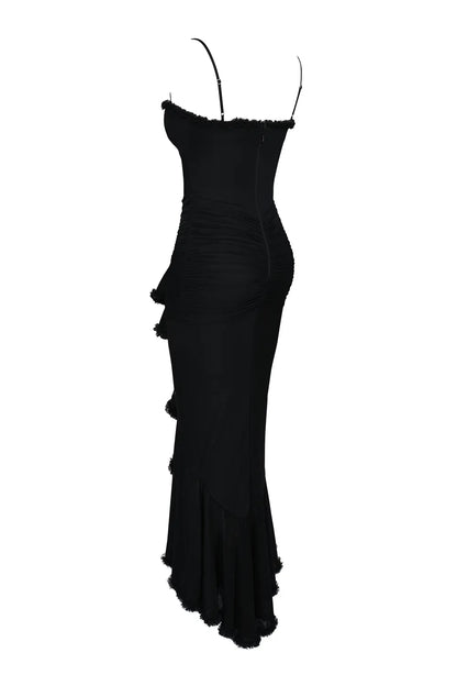 Gabbi Black Mesh Ruffled Front Gown