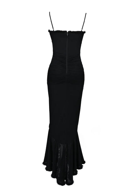 Gabbi Black Mesh Ruffled Front Gown