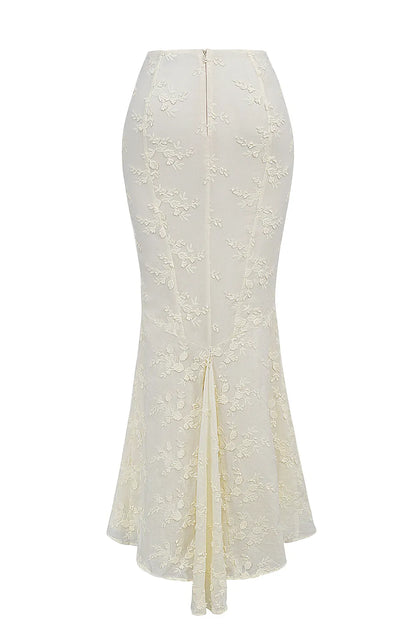 Veronica Vintage Ivory Embroidered Godet Maxi Skirt