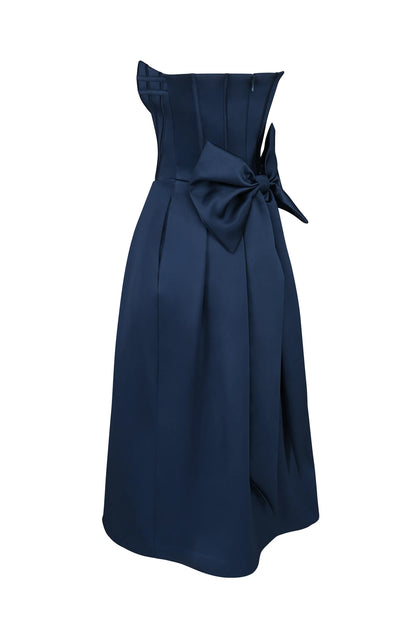 Bellina Midnight Blue Strapless Detachable Bow Midi Dress