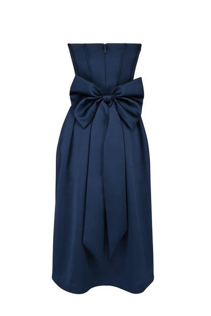 Bellina Midnight Blue Strapless Detachable Bow Midi Dress