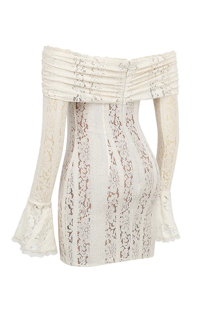 Sadie Vintage Cream Floral Lace Off Shoulder Mini Dress