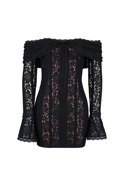 Sadie Black Floral Lace Off Shoulder Mini Dress