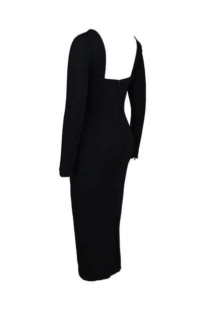 Ella Black Stretch Crepe Long Sleeve Midi Dress