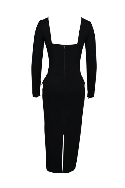 Ella Black Stretch Crepe Long Sleeve Midi Dress