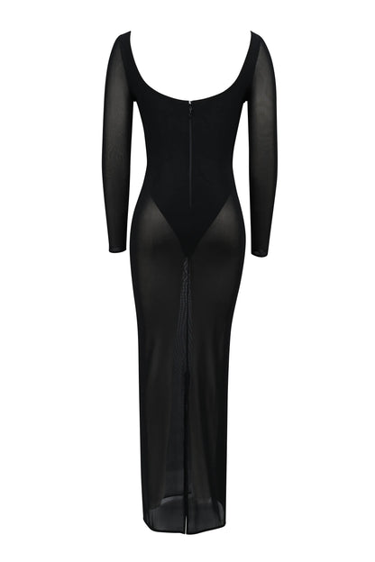 Everly Black Mesh Maxi Dress with Bodysuit