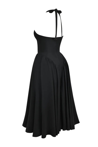 Marilyn Black Twill Halter Midi Dress