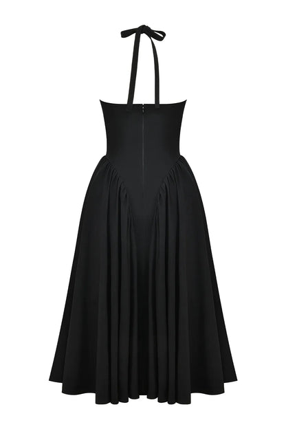 Marilyn Black Twill Halter Midi Dress