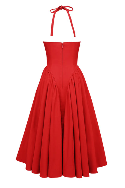 Marilyn Red Twill Halter Midi Dress