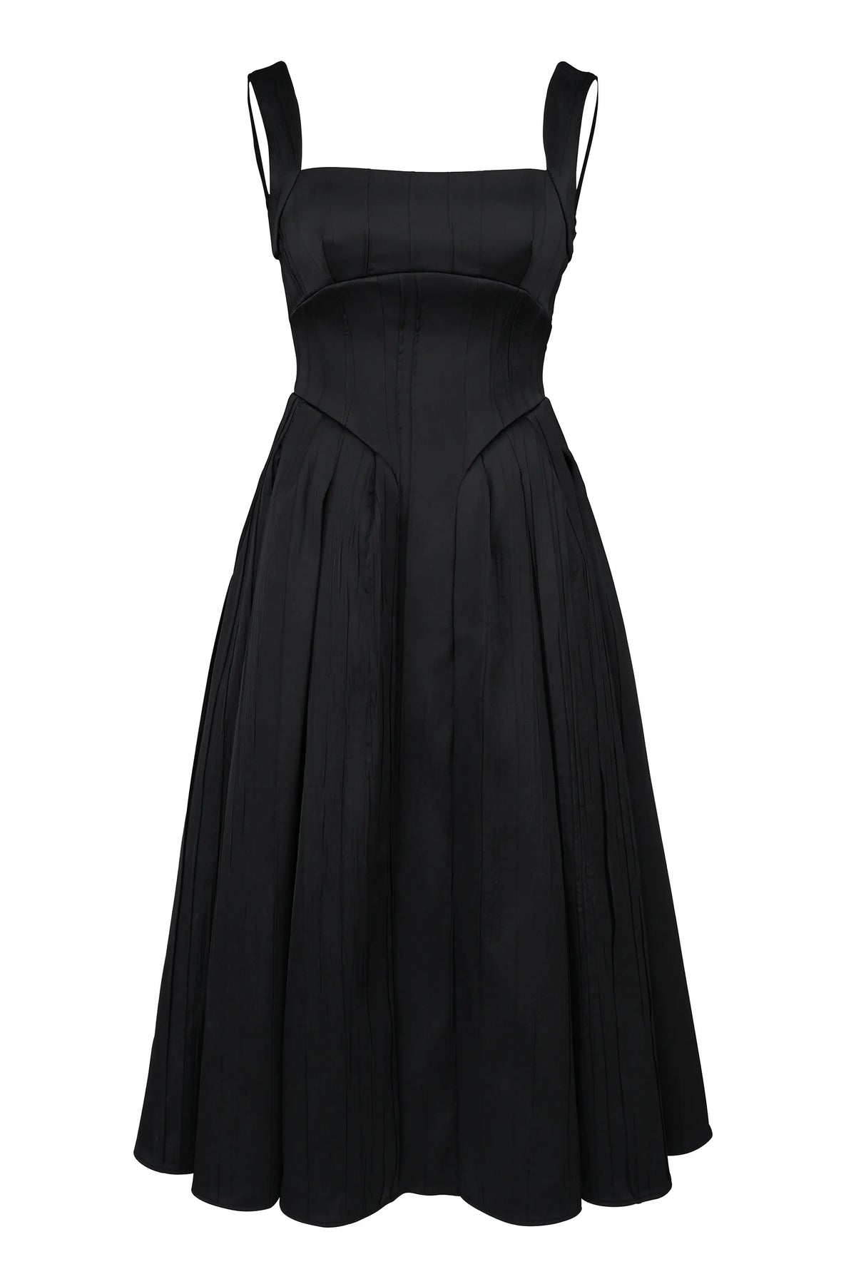 Isabeau Black Textured Satin Corset Midi Dress