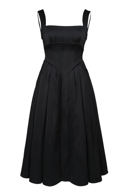 Isabeau Black Textured Satin Corset Midi Dress