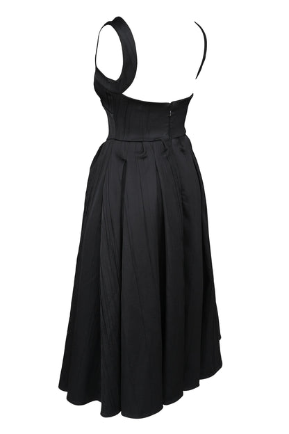 Isabeau Black Textured Satin Corset Midi Dress