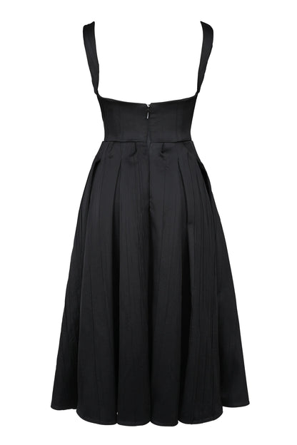 Isabeau Black Textured Satin Corset Midi Dress