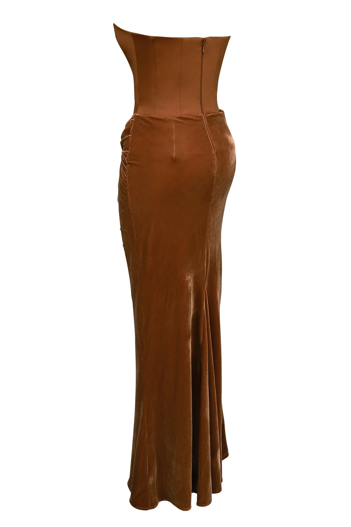 Persephone Coffee Velvet Strapless Corset Maxi Dress