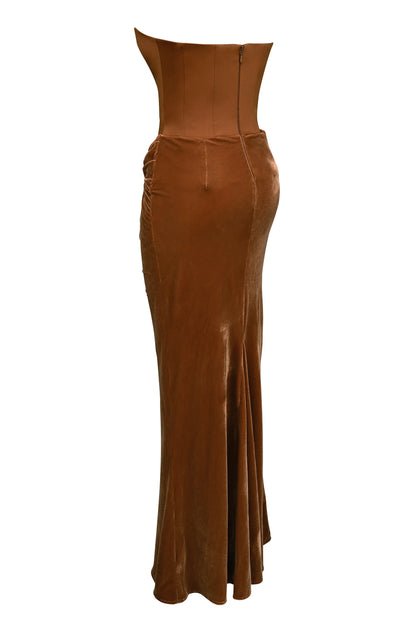 Persephone Coffee Velvet Strapless Corset Maxi Dress