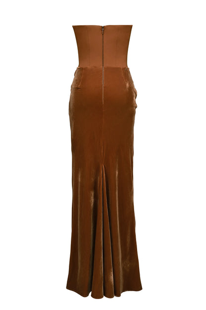 Persephone Coffee Velvet Strapless Corset Maxi Dress