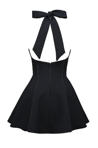 Loulette Black Halter Neck Bow Mini Dress
