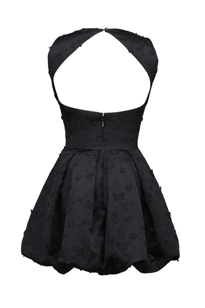 Melika Black Backless Embroidered Mini Puffball Dress