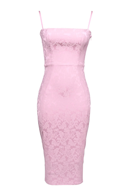 Ophelle Pink Jacquard Lace Up Bodycon Midi Dress