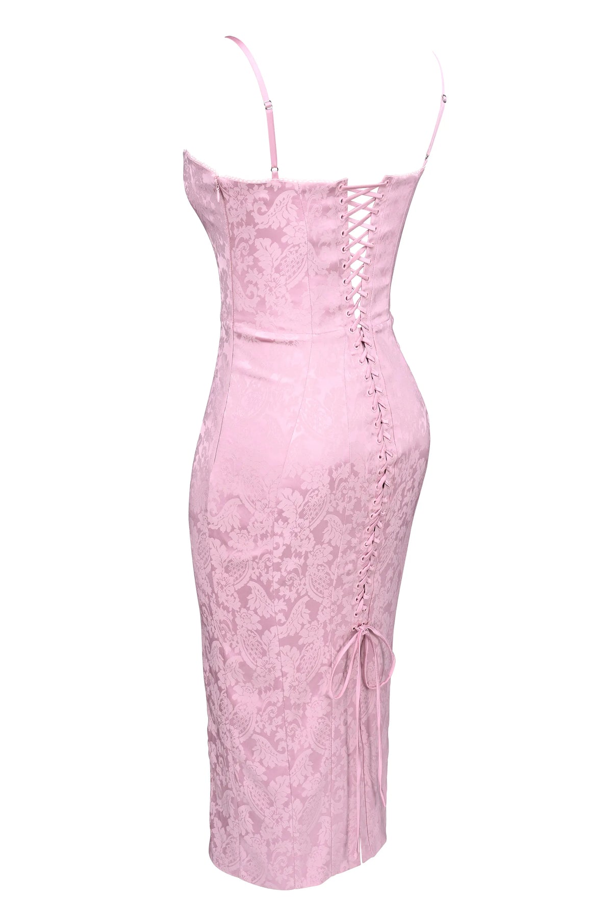 Ophelle Pink Jacquard Lace Up Bodycon Midi Dress