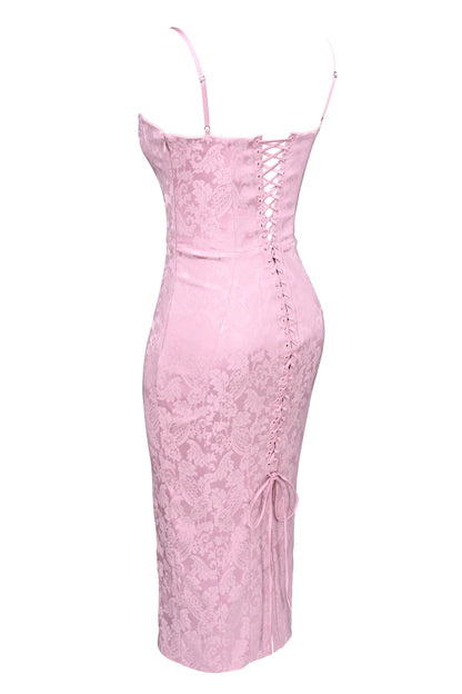 Ophelle Pink Jacquard Lace Up Bodycon Midi Dress