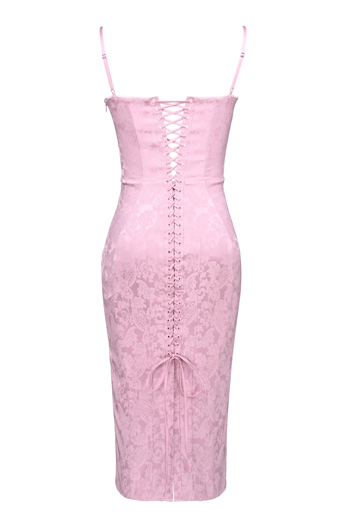 Ophelle Pink Jacquard Lace Up Bodycon Midi Dress
