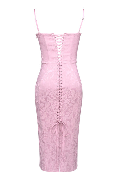 Ophelle Pink Jacquard Lace Up Bodycon Midi Dress