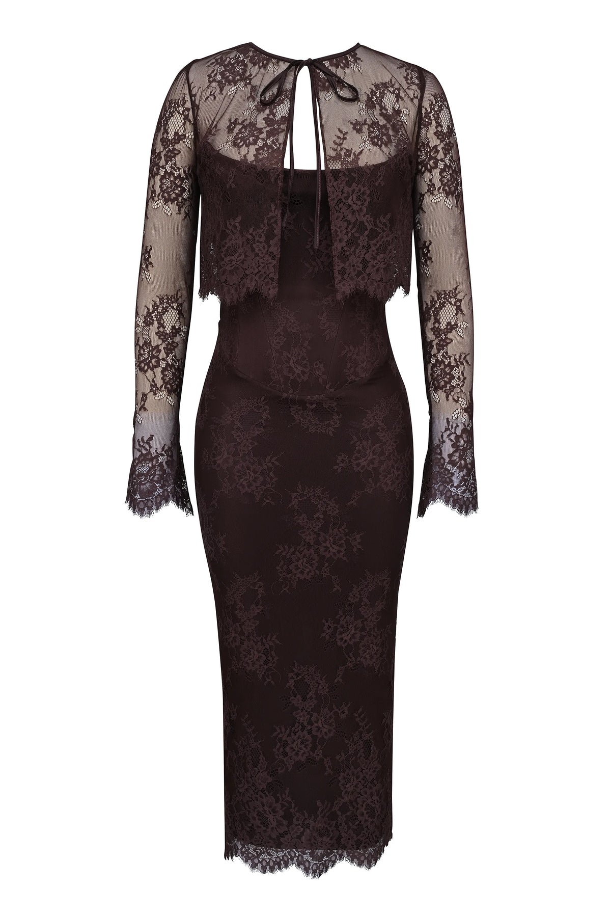 Larra Bitter Chocolate Lace Corset Midi Dress & Bolero