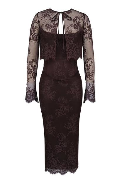 Larra Bitter Chocolate Lace Corset Midi Dress & Bolero