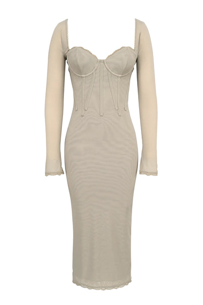 Saisha Beige Mesh Long Sleeve Bodycon Midi Dress